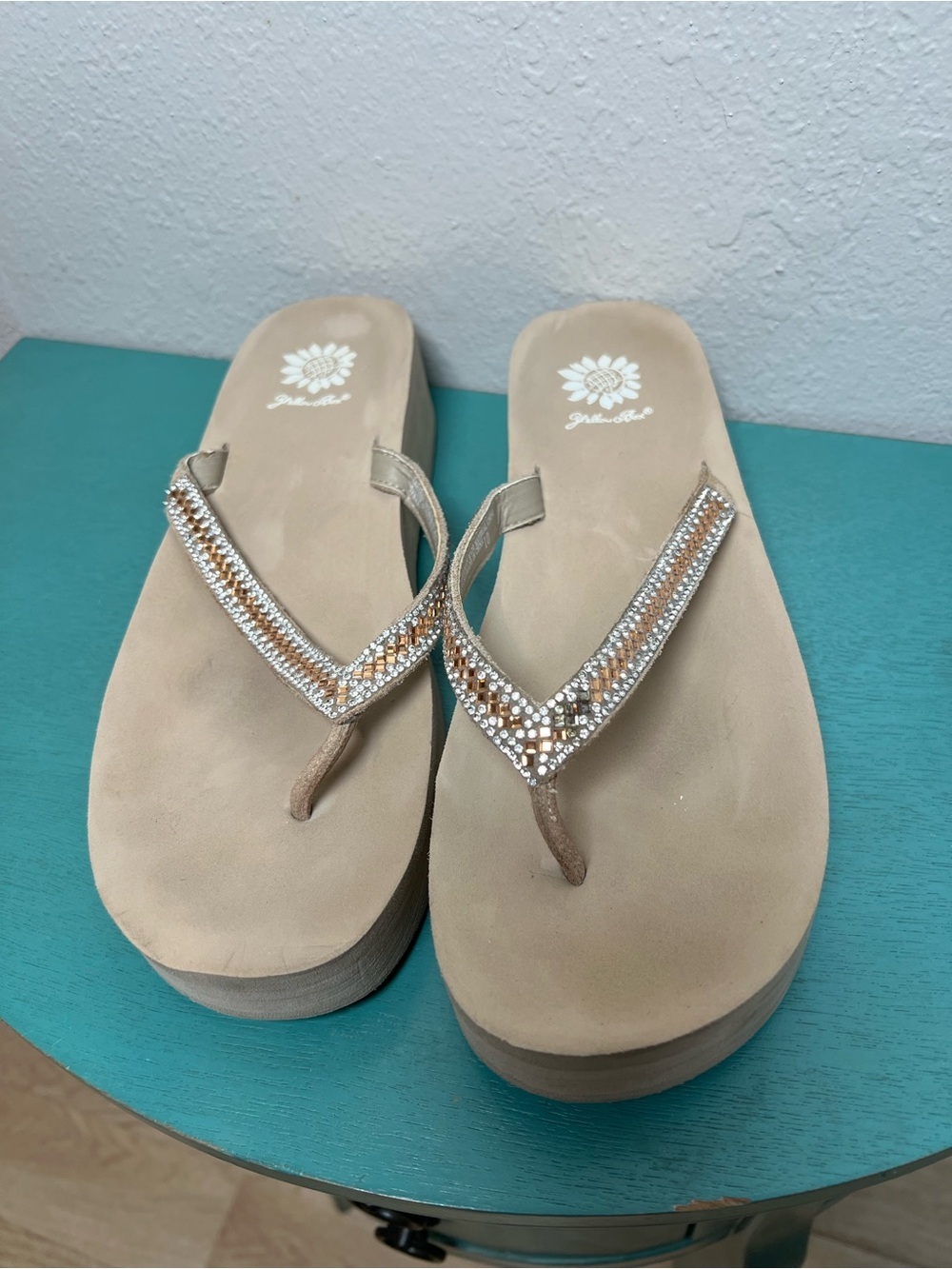 Yellow box Gold-Beige Rhinestone Platform Flip Flops - Women's